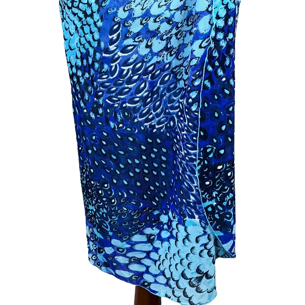 Women's Swim Coverup Long Sarong in Blue Print Sheer Waist Tie One Size